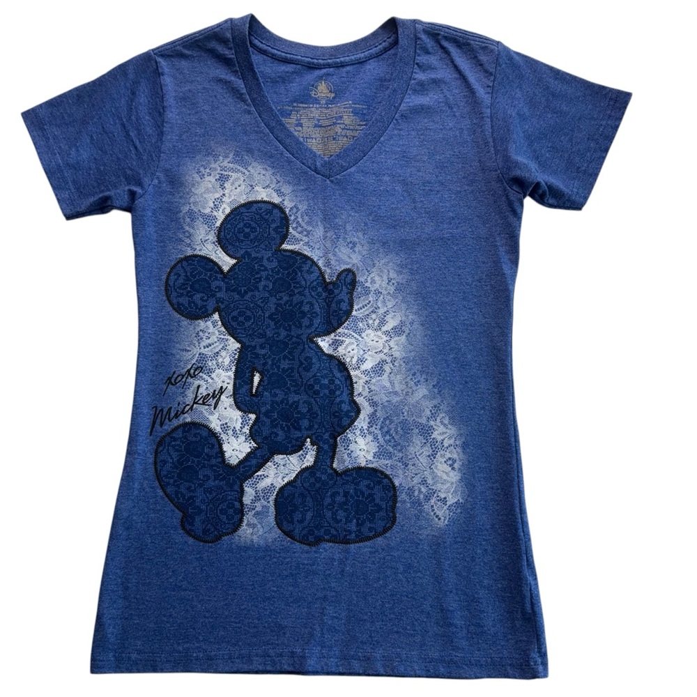 Disney‎ Store Mickey Mouse Blue White Silhouette Lace Print T Shirt Tee  XS #125